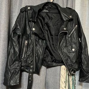 Black faux leather cropped biker jacket